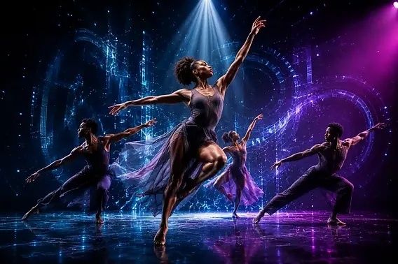 Danseurs contemporains éclairés par des projections lumineuses colorées
