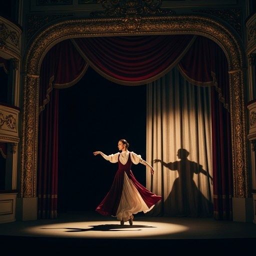 Danseuse seule sous un projecteur, entre rideaux et ombre portée