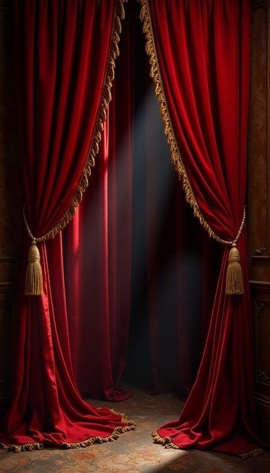Rideaux de velours rouge drapés autour d’une scène sombre
